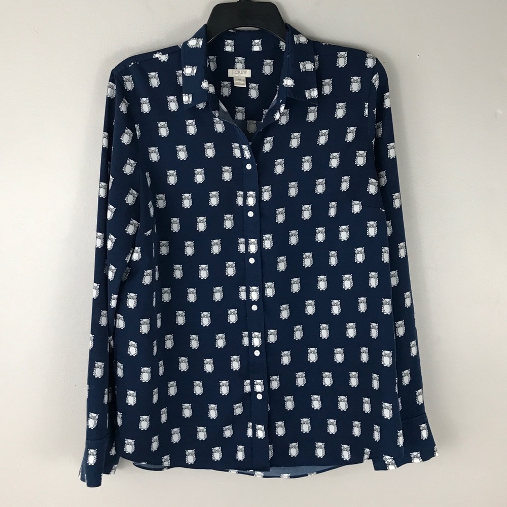 J crew Navy White owl print button down blouse M